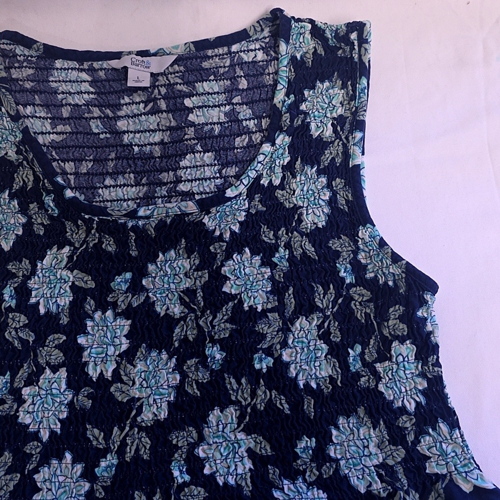 Croft & Barrow Dress Womens Large Blue Floral Smocked Bodice Sleeveless Midi